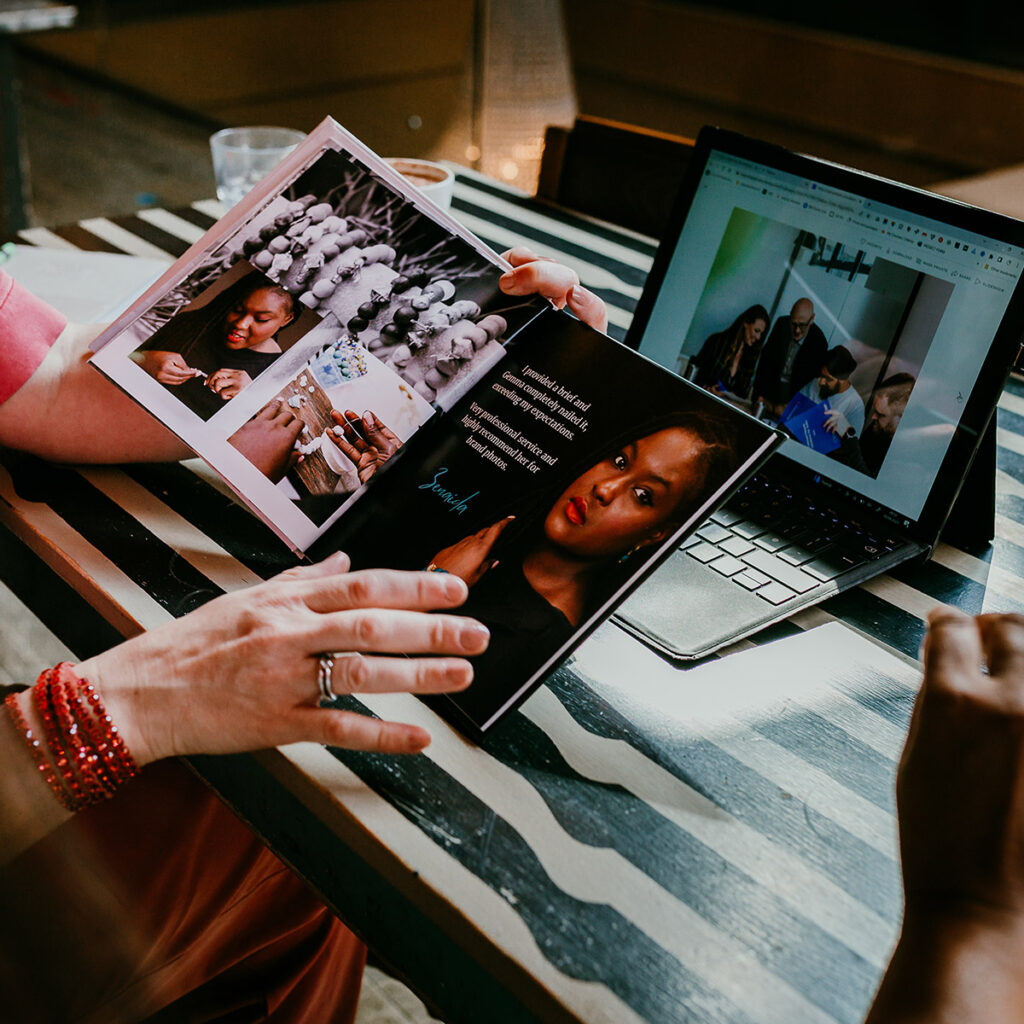 Image planning session for brand photo shoot - looking through client brochure